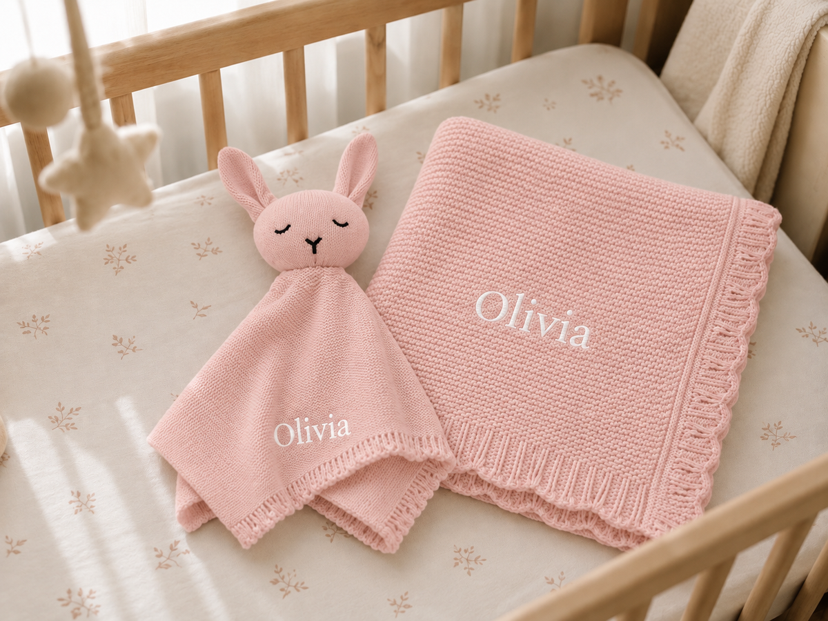 Personalised Organic Cotton Bunny Comforter & Scalloped Blanket Gift Set-Pink