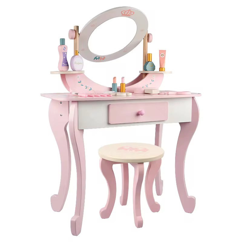 Kids Wooden Vanity Pretend Play Toy Set With Mirror-Pink