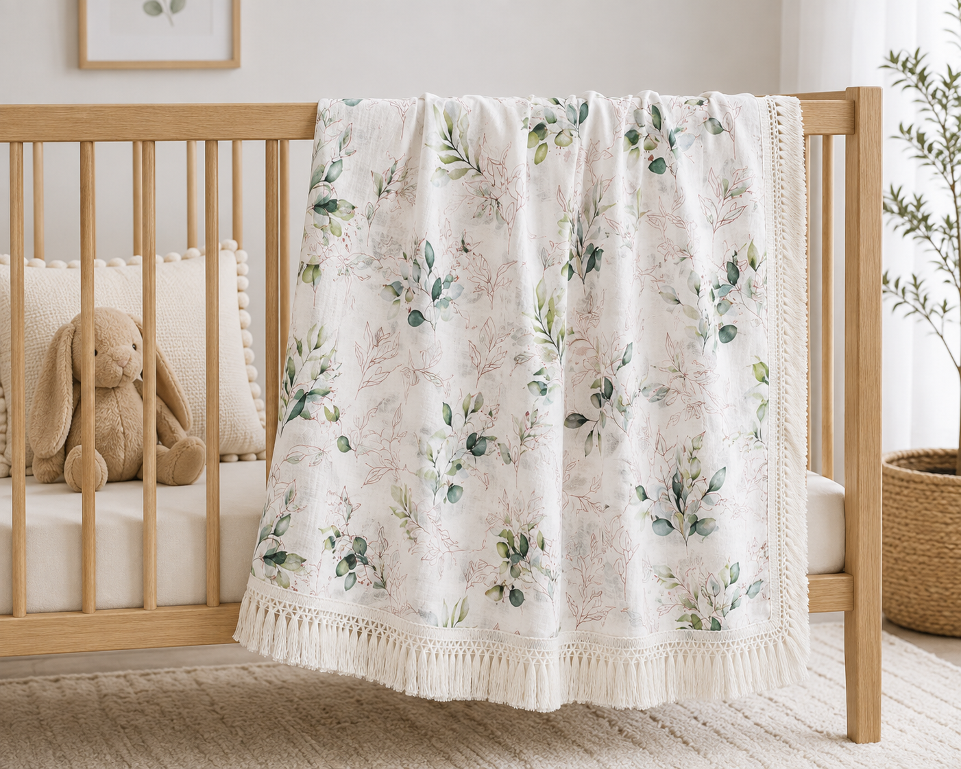 Botanical Muslin Baby Blanket with Tassel Fringe | 120 × 120 cm