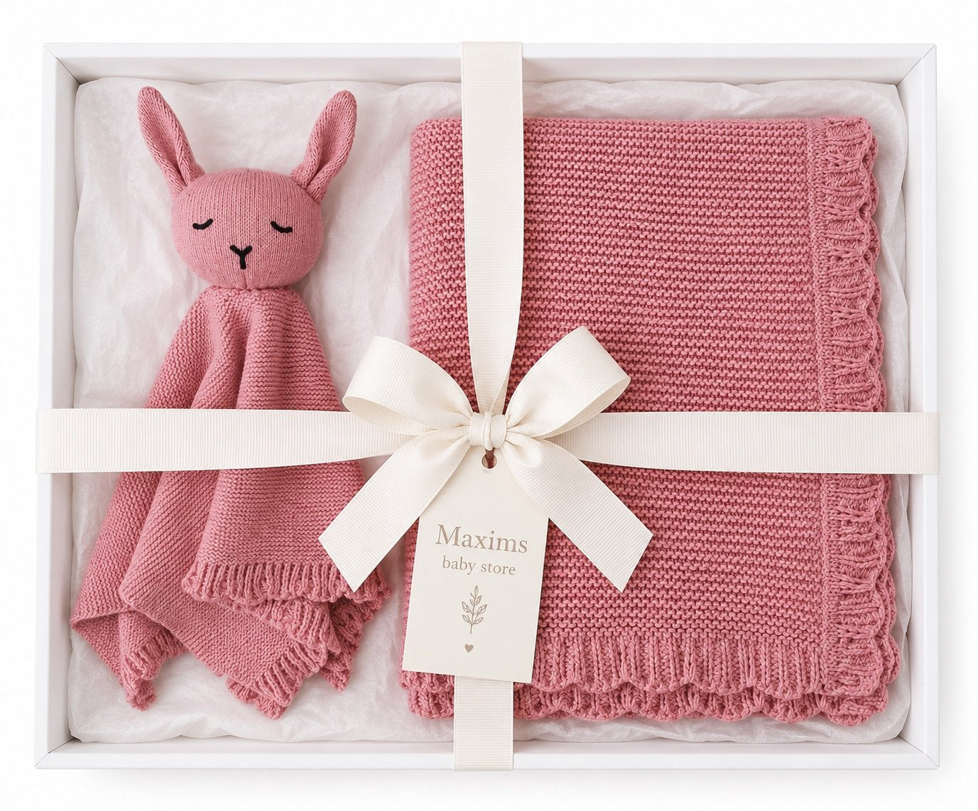 Personalised Organic Cotton Bunny Comforter & Scalloped Blanket Gift Set-Dusty Pink