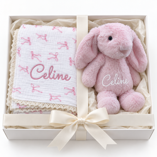 Personalised Pink Muslin Baby Blanket & Bunny Gift Set