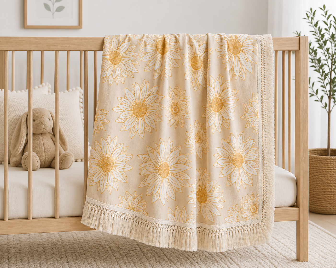 Sunflower Muslin Baby Blanket with Tassel Fringe | 120 × 120 cm