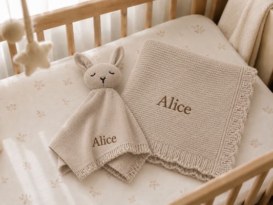 Personalised Organic Cotton Bunny Comforter & Scalloped Blanket Gift Set-Oatmeal