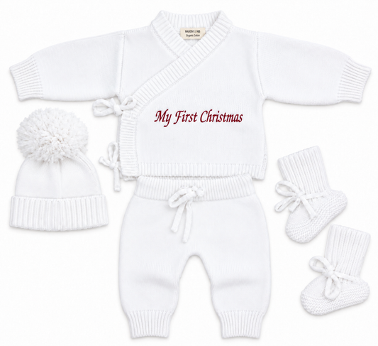 Personalised My First Christmas Knitted Baby Outfit – 4 Piece Set