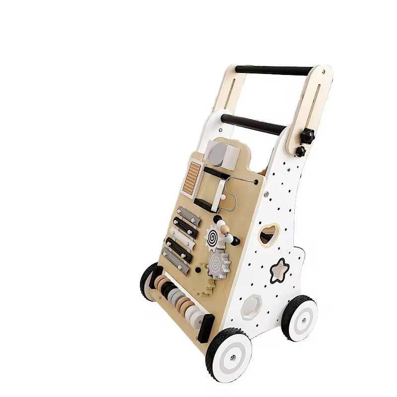 Toddler push toy made from wood with black, white, and natural tone activities