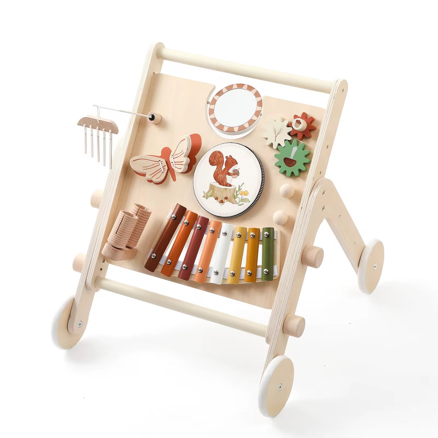 Eco-friendly baby walker toy with music bars, butterfly, mirror, and spinning dru