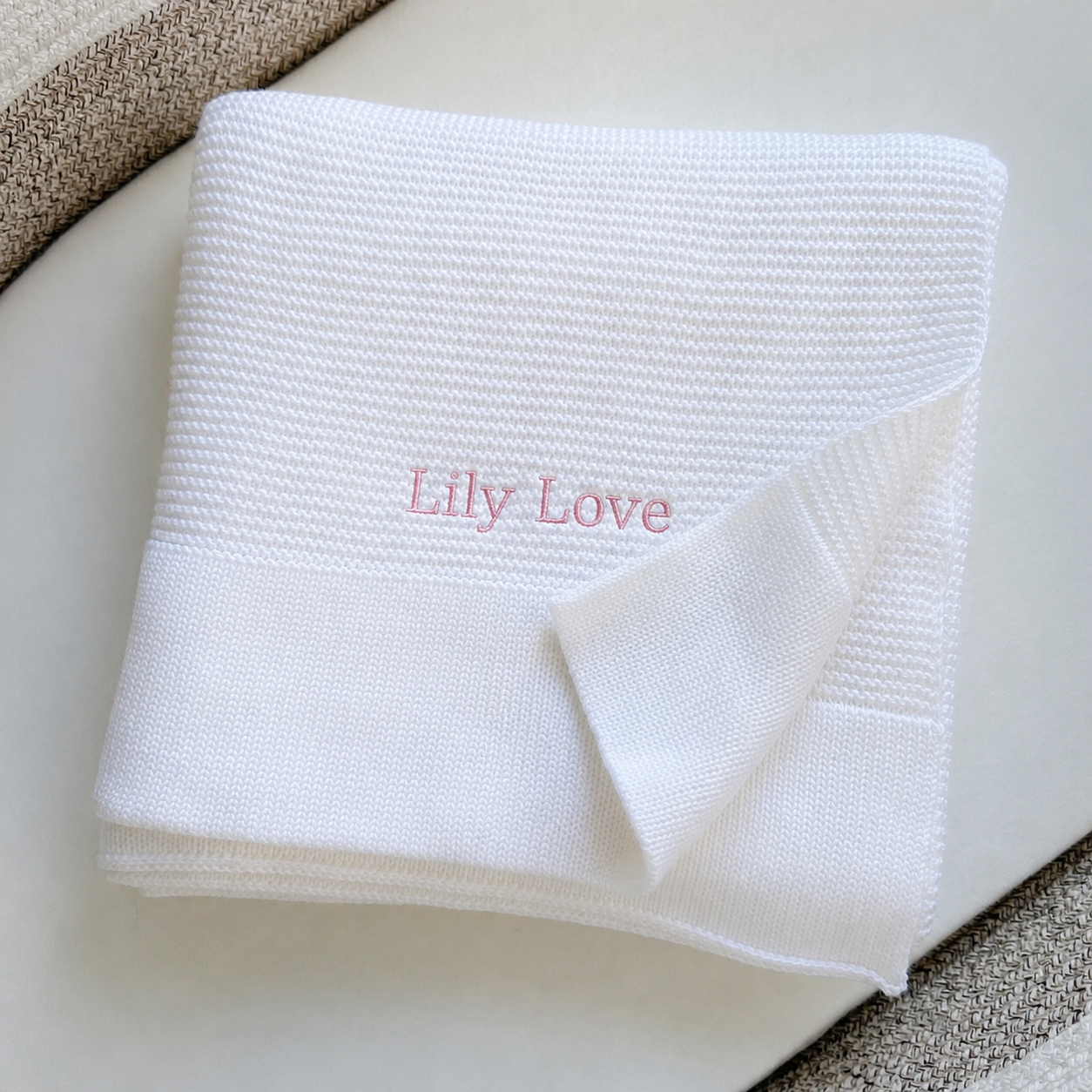 Personalised baby blanket showing thread colour options for name embroidery — Maxims Baby Store customisation choices UAE