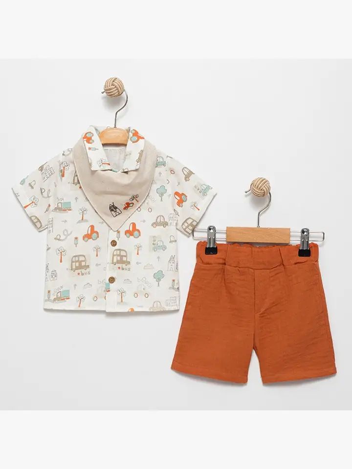 Baby Boy City Design Muslin Set – 3-Piece Organic Muslin Baby Outfit