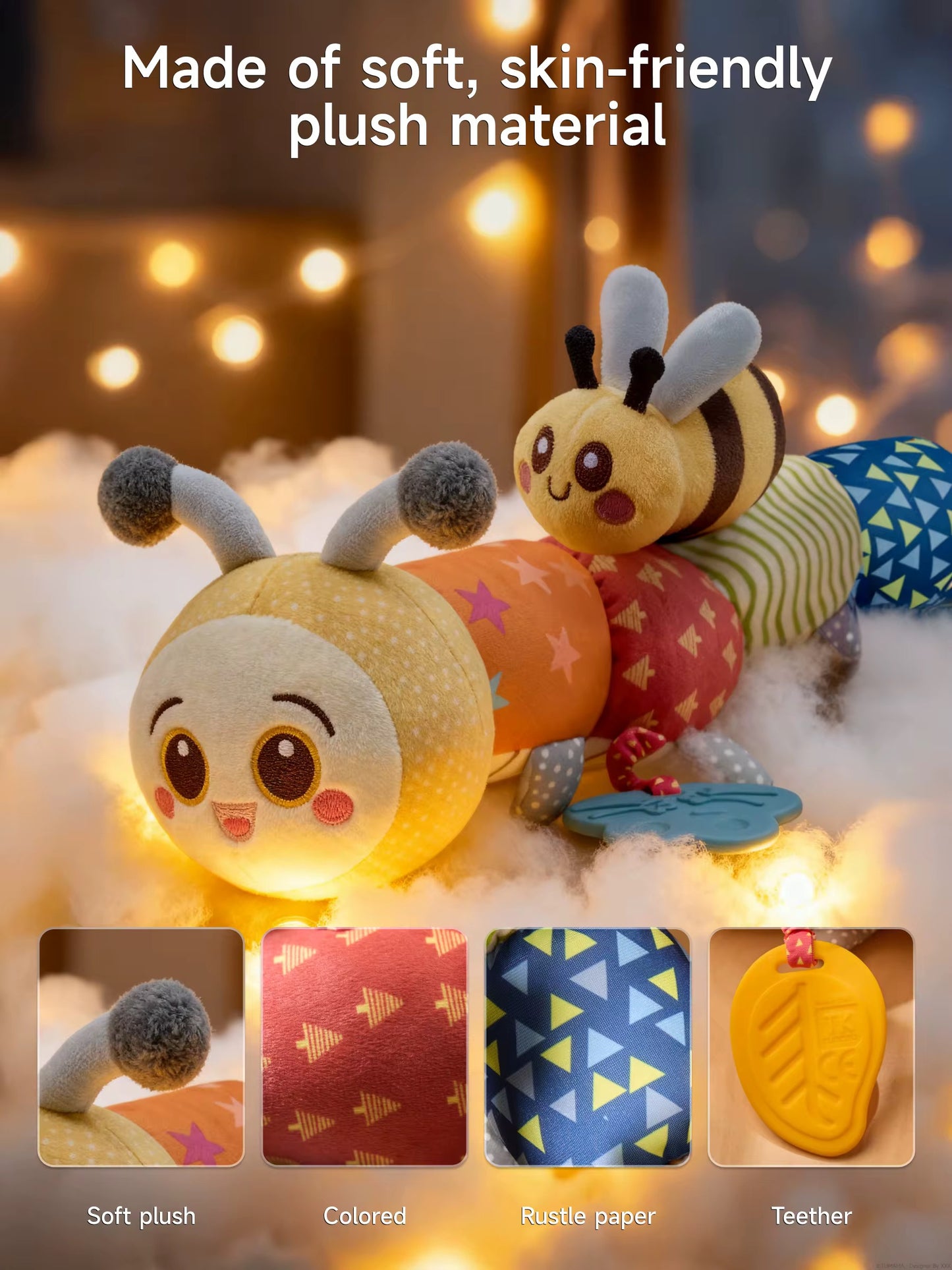 Baby Caterpillar Sensory Plush Toy with Teether & Rattle | Montessori Infant Development Toy