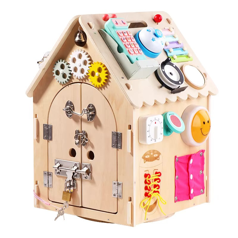 Wooden Montessori busy board activity house with locks, gears, abacus, and interactive toys for kids.