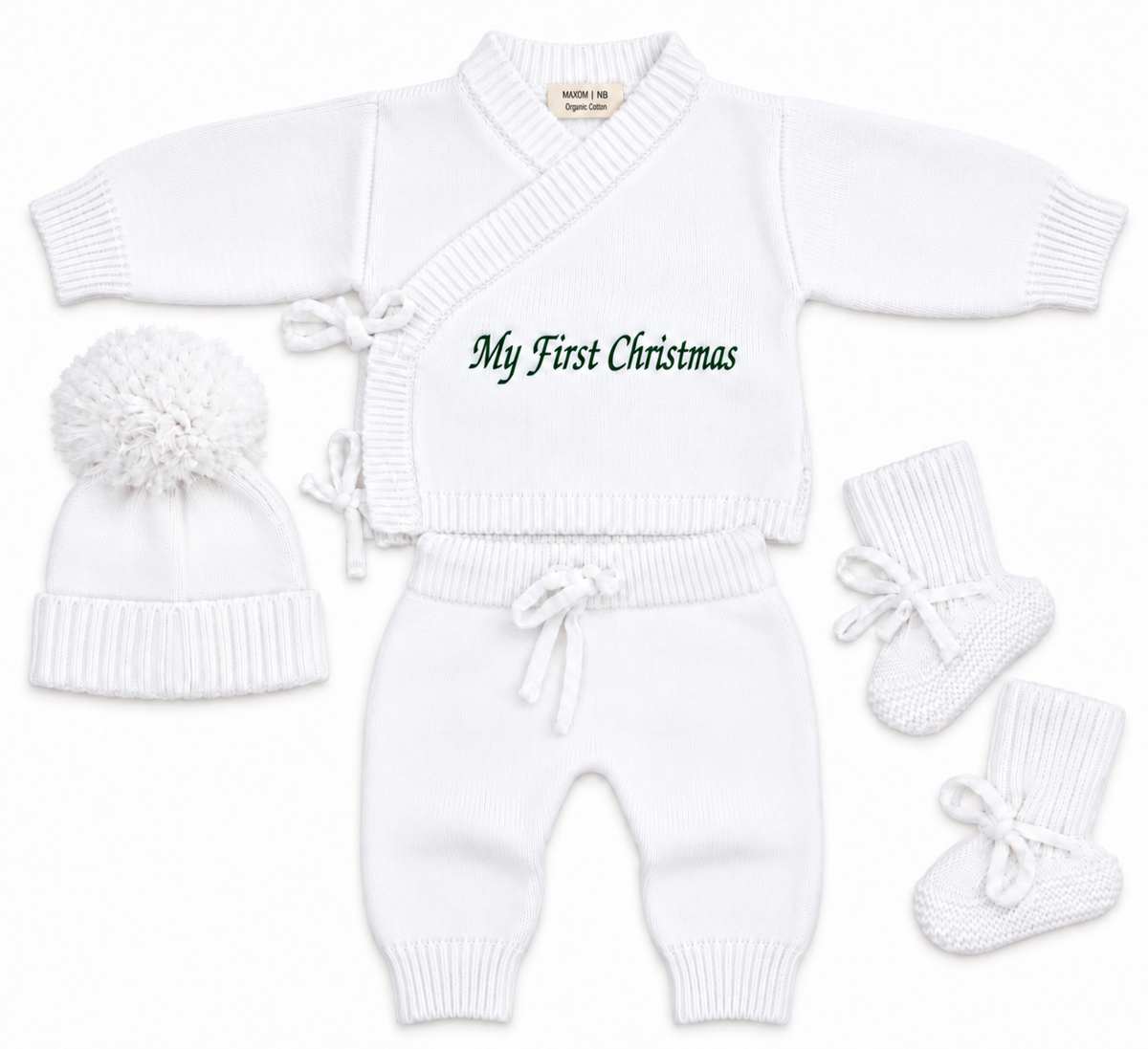 Personalised My First Christmas Knitted Baby Outfit – 4 Piece Set