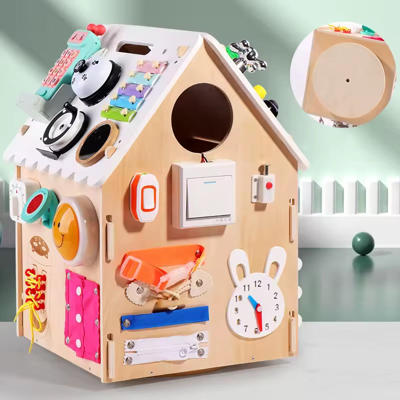 Montessori-inspired wooden learning toy house with gears, abacus, locks, and fine motor skill activities.