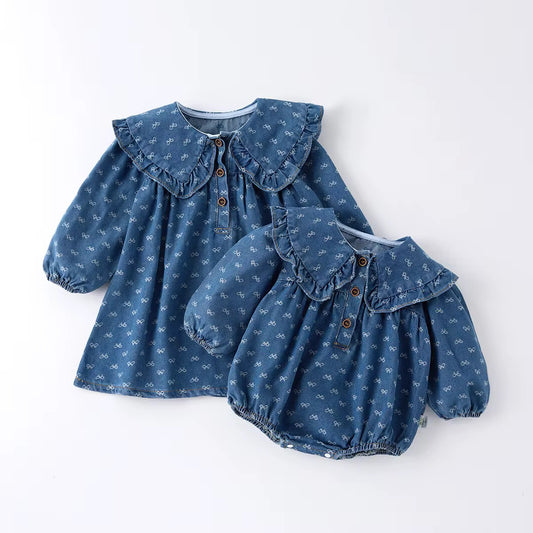 Denim Bow Collar Dress/ Romper