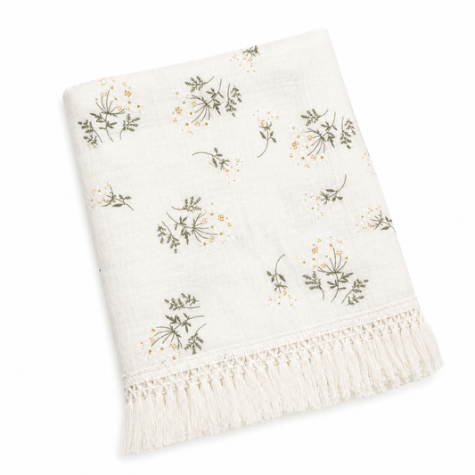Wildflower Muslin Baby Blanket with Tassel Fringe | 120 × 120 cm