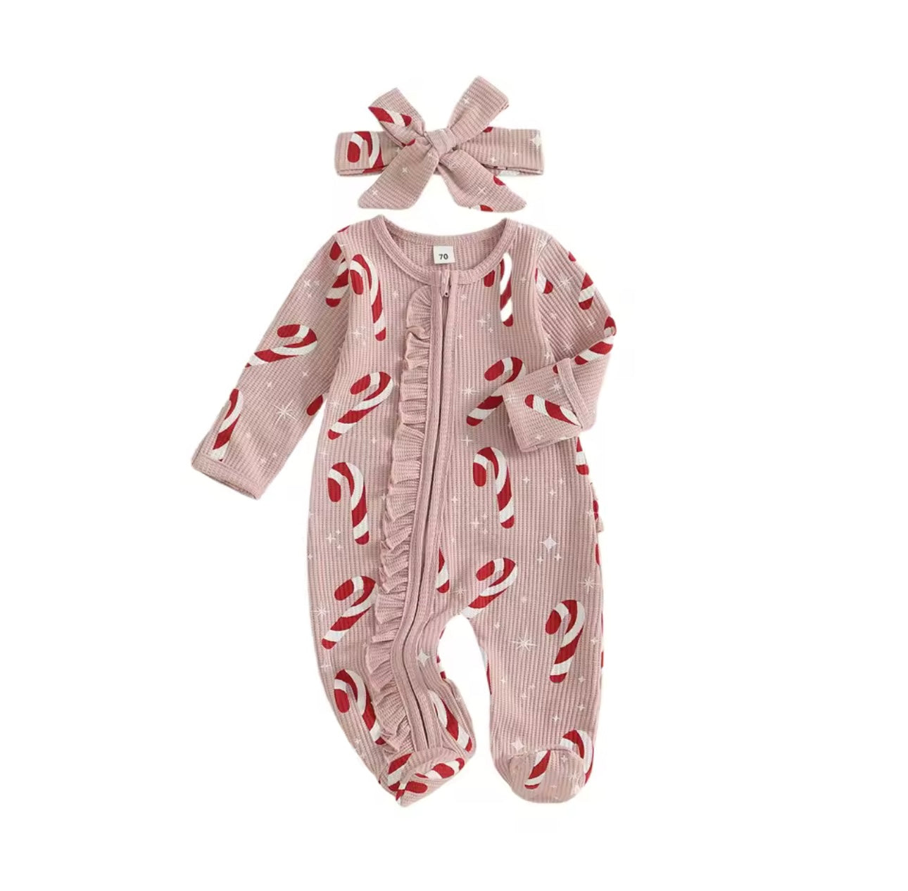 Candy Cane Baby Romper with Matching Bow-Pink
