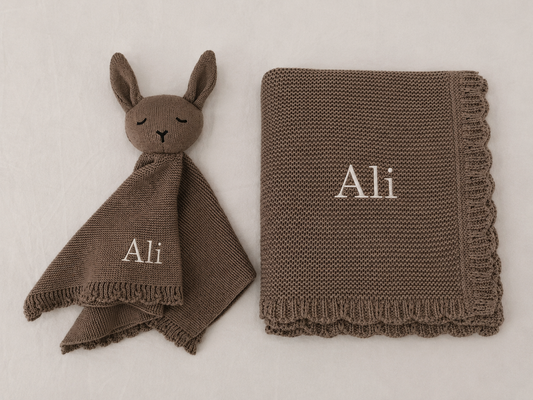 Personalised Organic Cotton Bunny Comforter & Scalloped Blanket Gift Set-Mocha