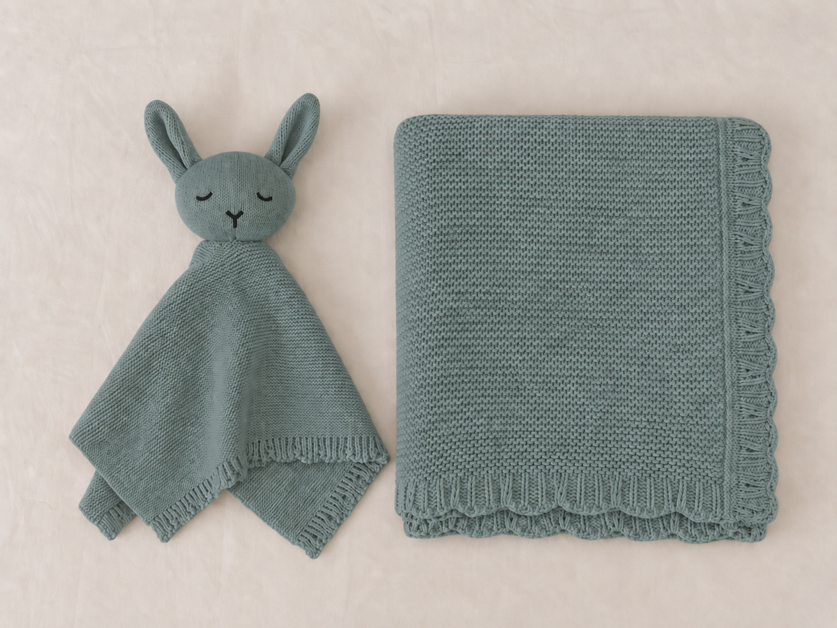 Personalised Organic Cotton Bunny Comforter & Scalloped Blanket Gift Set-Sage
