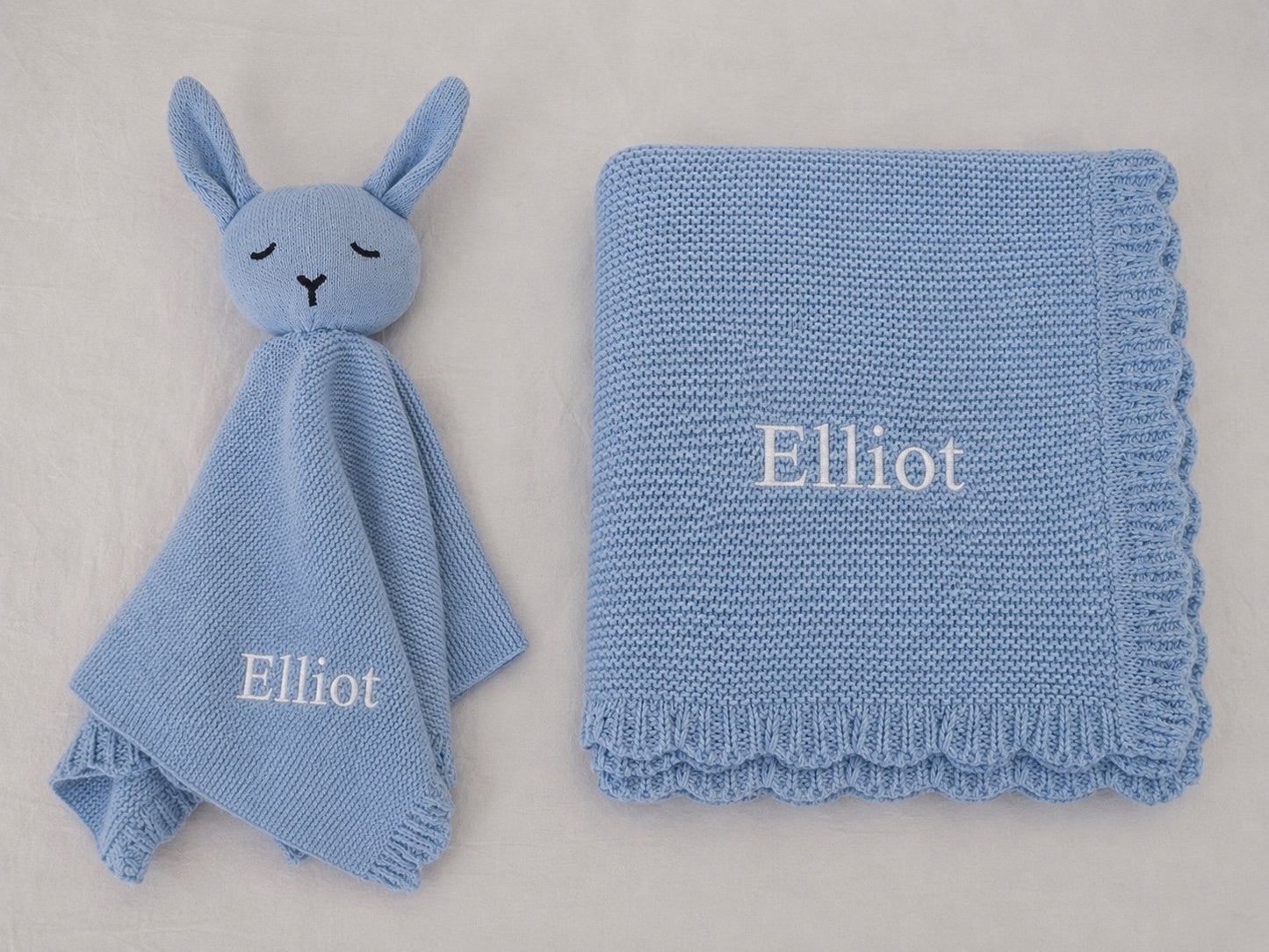 Personalised Organic Cotton Bunny Comforter & Scalloped Blanket Gift Set-Baby Blue