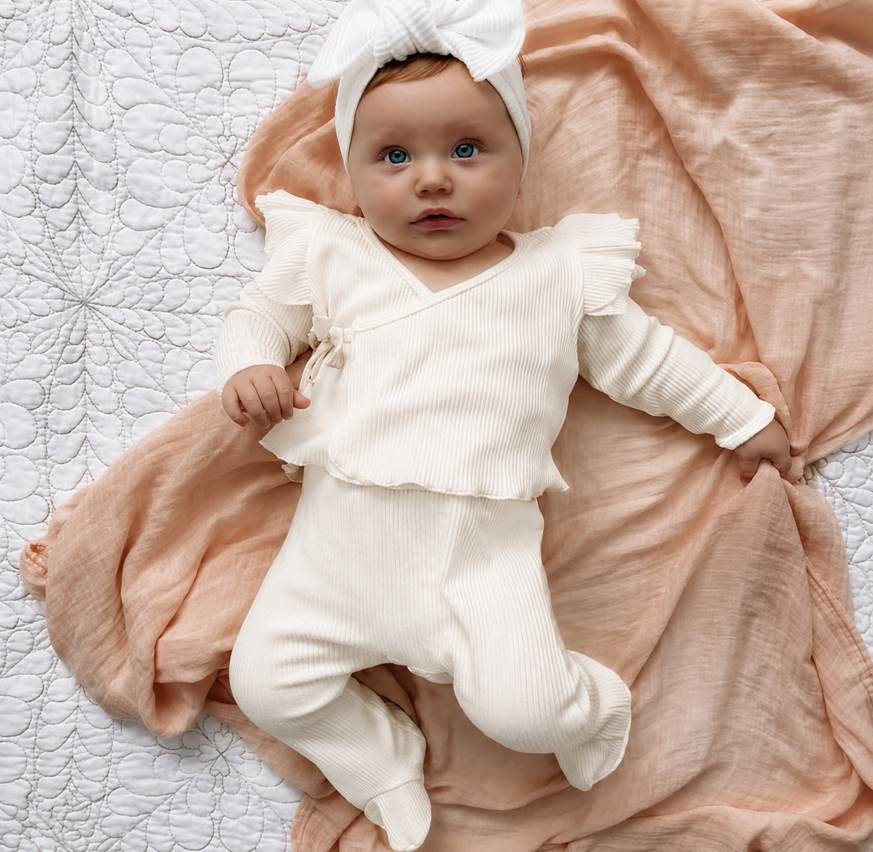 Organic Cotton Ribbed Wrap Top & Footed Leggings Set with Bow Headband