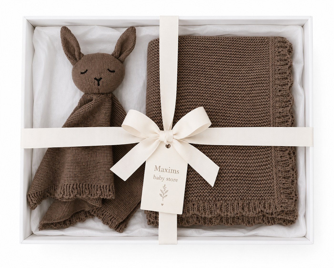 Personalised Organic Cotton Bunny Comforter & Scalloped Blanket Gift Set-Mocha