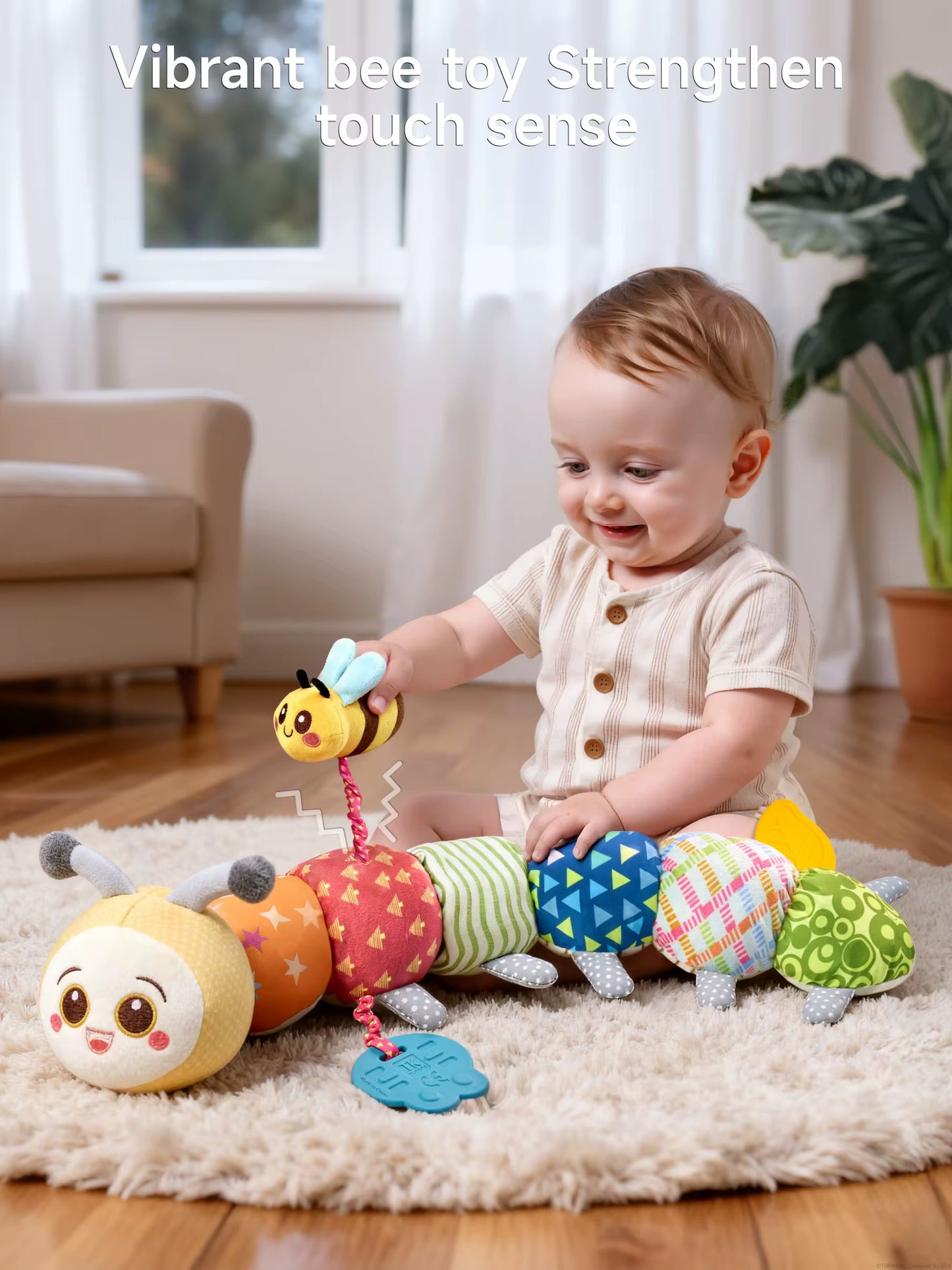 Baby Caterpillar Sensory Plush Toy with Teether & Rattle | Montessori Infant Development Toy