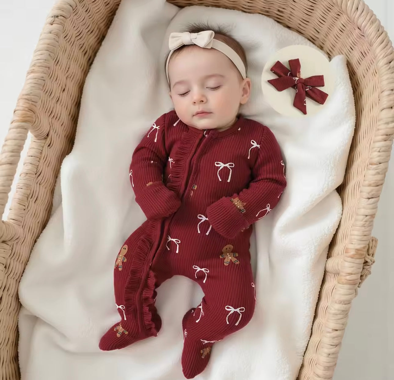 Festive holiday baby outfit with matching bow and candy cane design 