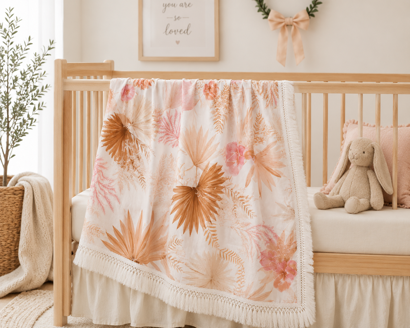 Boho Botanical Muslin Baby Blanket with Tassel Fringe | 120 × 120 cm