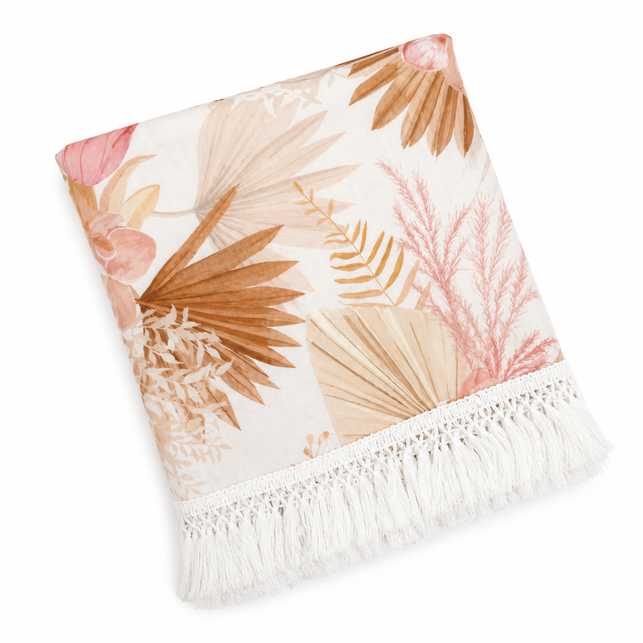 Boho Botanical Muslin Baby Blanket with Tassel Fringe | 120 × 120 cm