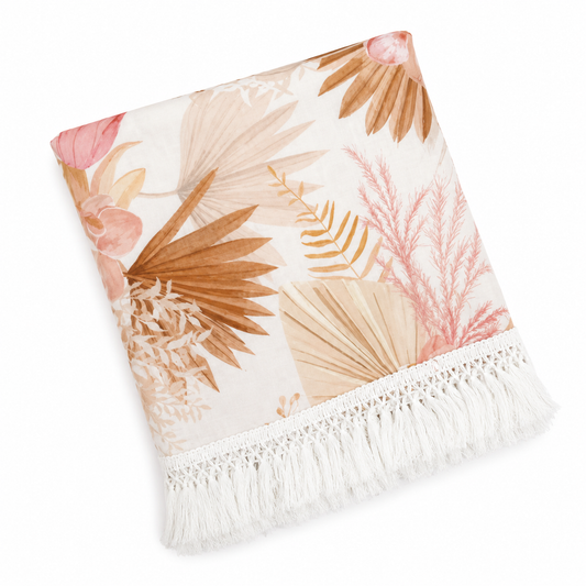 Boho Botanical Muslin Baby Blanket with Tassel Fringe | 120 × 120 cm