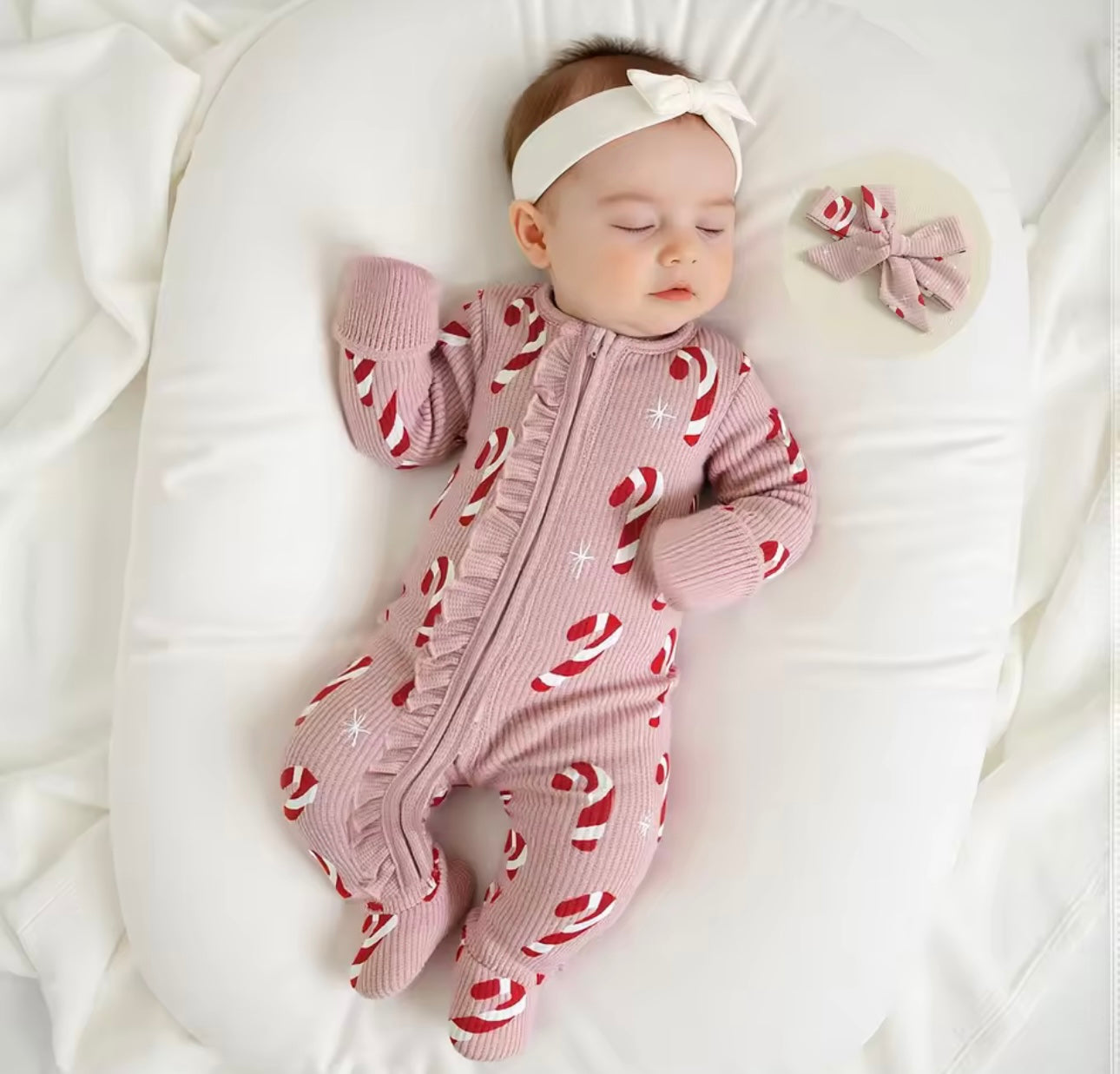 Candy Cane Baby Romper with Matching Bow-Pink