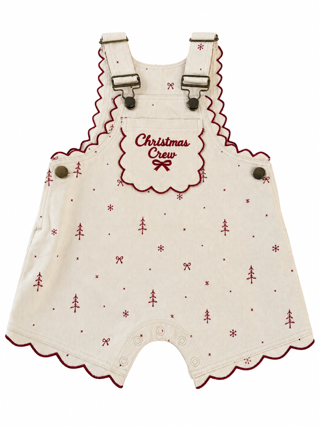 Kids Christmas Crew Embroidered Short Overalls – Cream & Burgundy