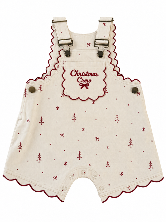 Kids Christmas Crew Embroidered Short Overalls – Cream & Burgundy