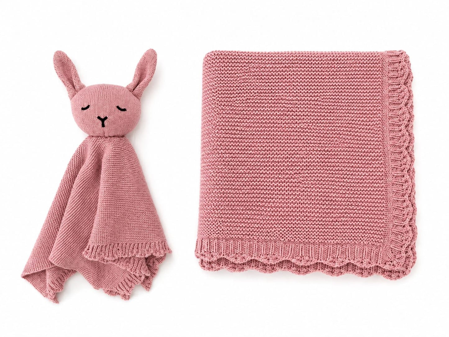 Personalised Organic Cotton Bunny Comforter & Scalloped Blanket Gift Set-Dusty Pink