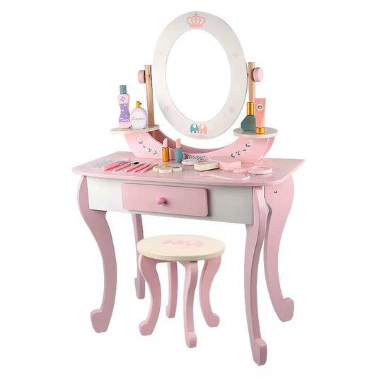 Kids Wooden Vanity Pretend Play Toy Set With Mirror-Pink