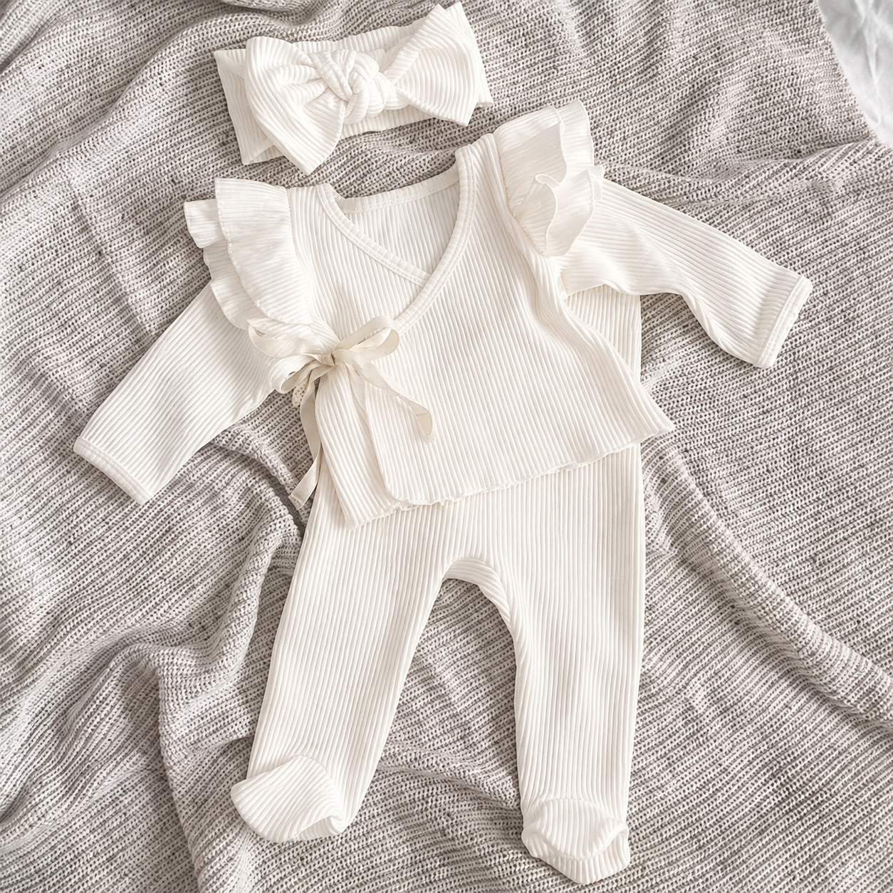 Organic Cotton Ribbed Wrap Top & Footed Leggings Set with Bow Headband