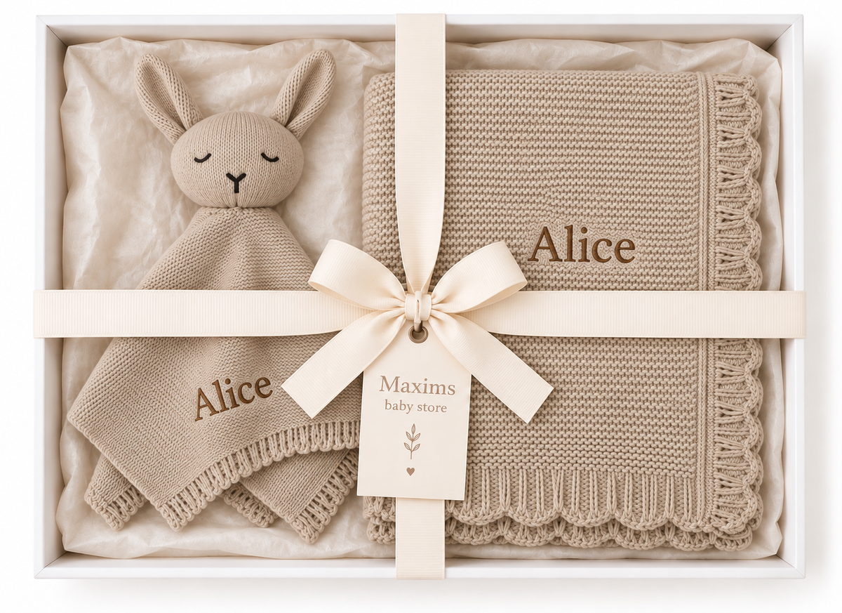 Personalised Organic Cotton Bunny Comforter & Scalloped Blanket Gift Set-Oatmeal