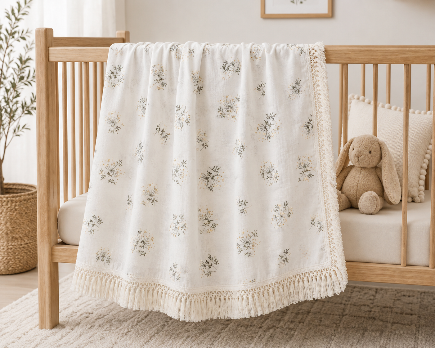 Wildflower Muslin Baby Blanket with Tassel Fringe | 120 × 120 cm