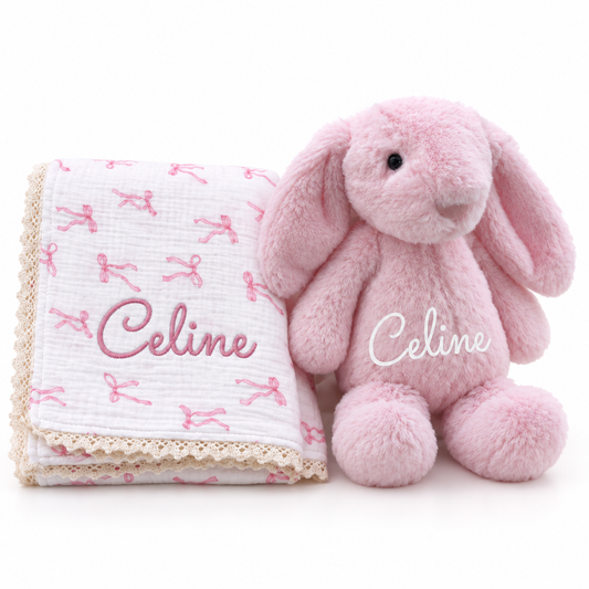 Personalised Pink Muslin Baby Blanket & Bunny Gift Set