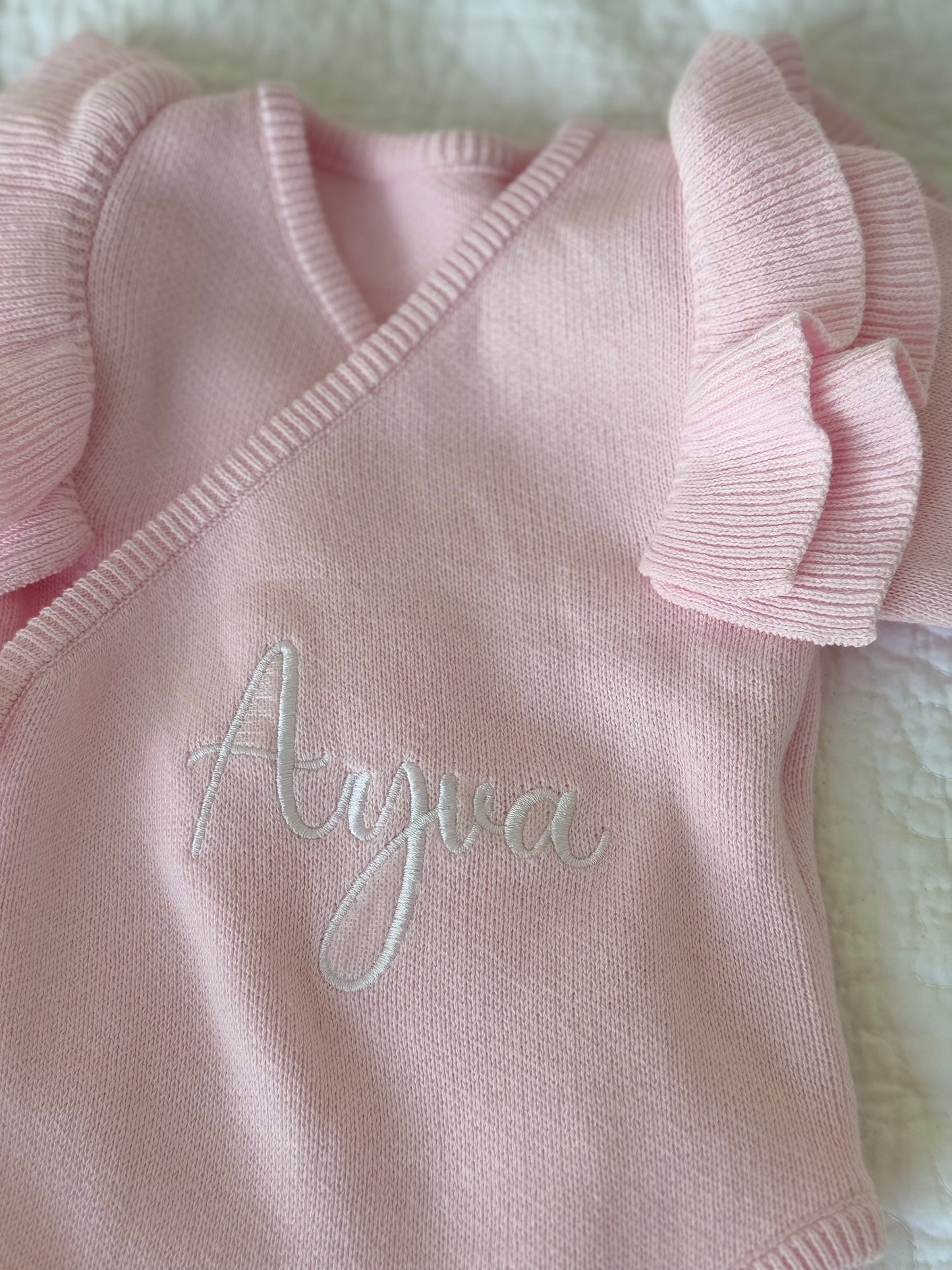 Personalised Knit Newborn Romper – Embroidered Baby Name Outfit
