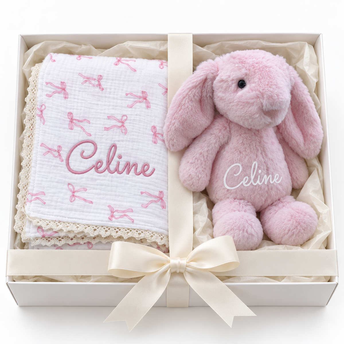 Personalised Pink Muslin Baby Blanket & Bunny Gift Set