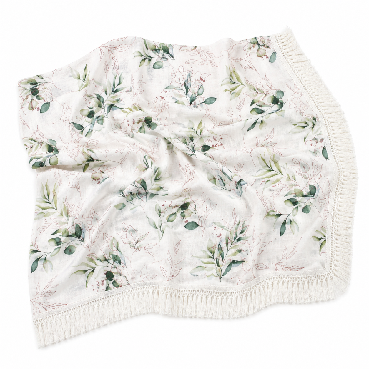 Botanical Muslin Baby Blanket with Tassel Fringe | 120 × 120 cm