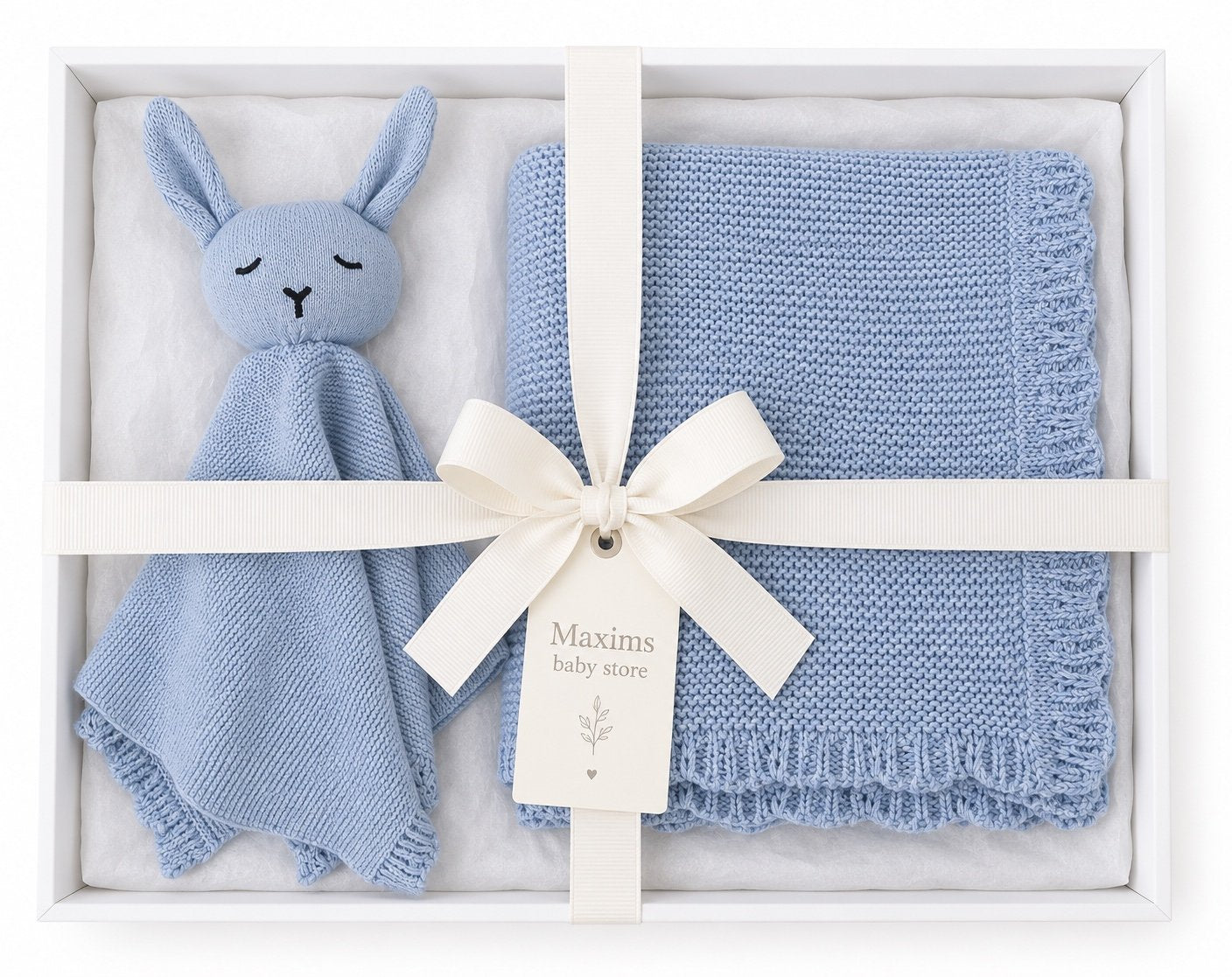 Personalised Organic Cotton Bunny Comforter & Scalloped Blanket Gift Set-Baby Blue