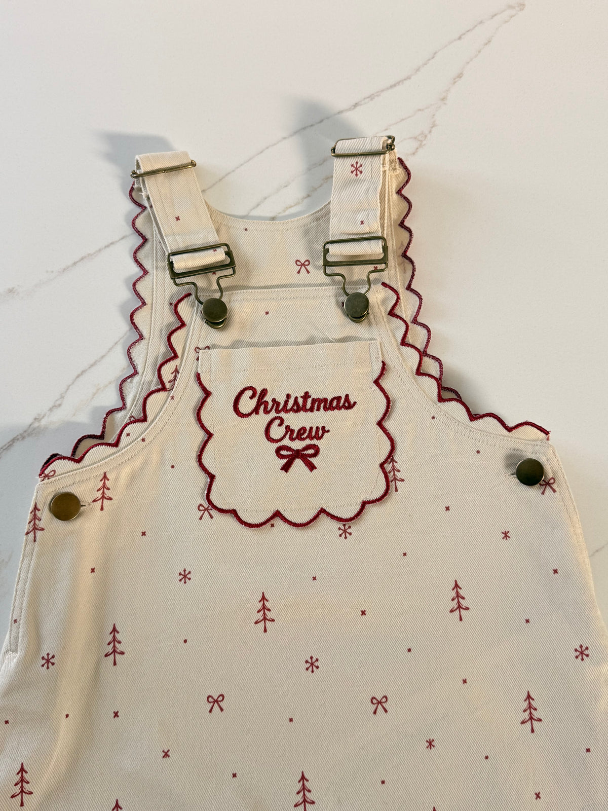 Kids Christmas Crew Embroidered Short Overalls – Cream & Burgundy