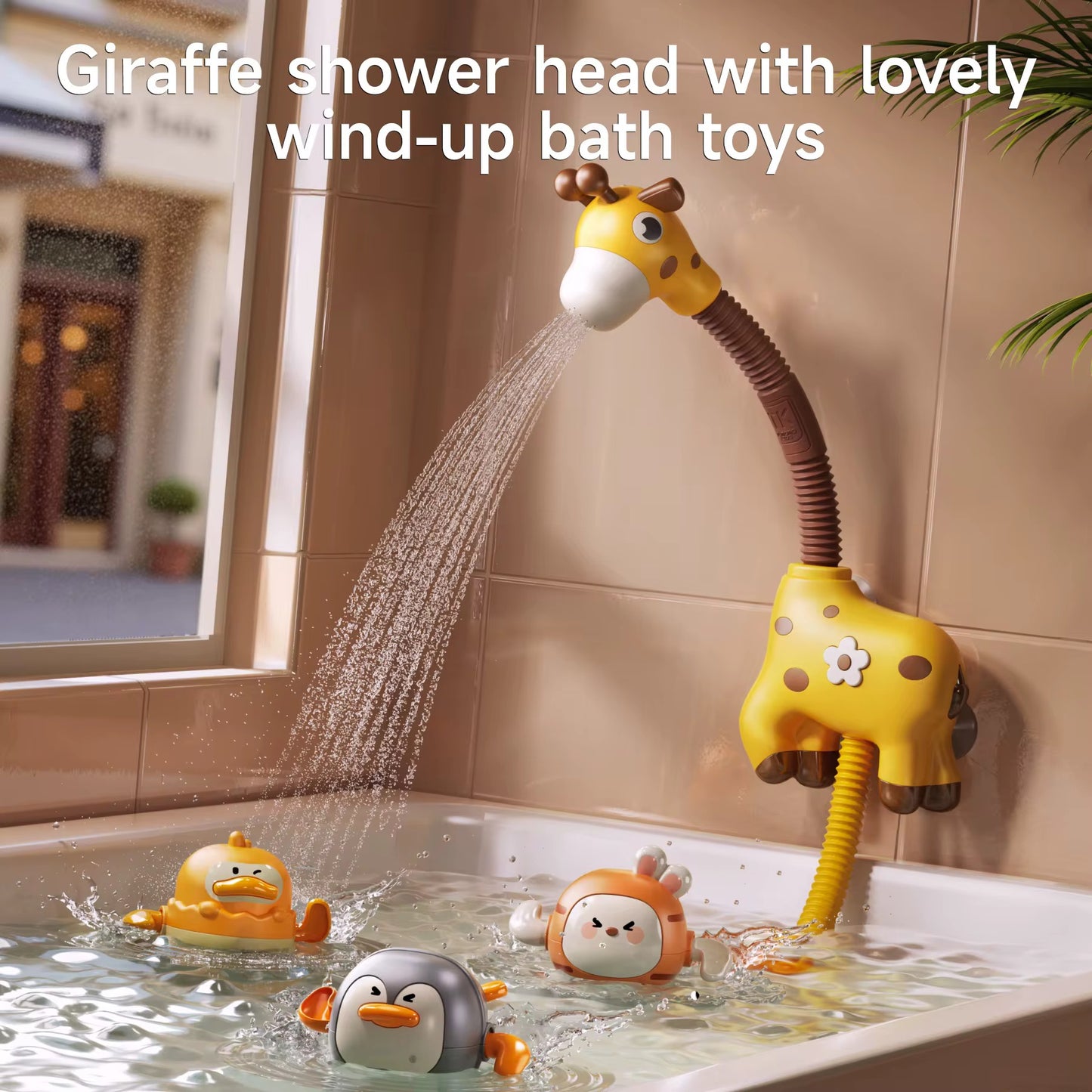 Baby Bath Shower Toy Set with Giraffe Spray Shower & Floating Wind-Up Animals