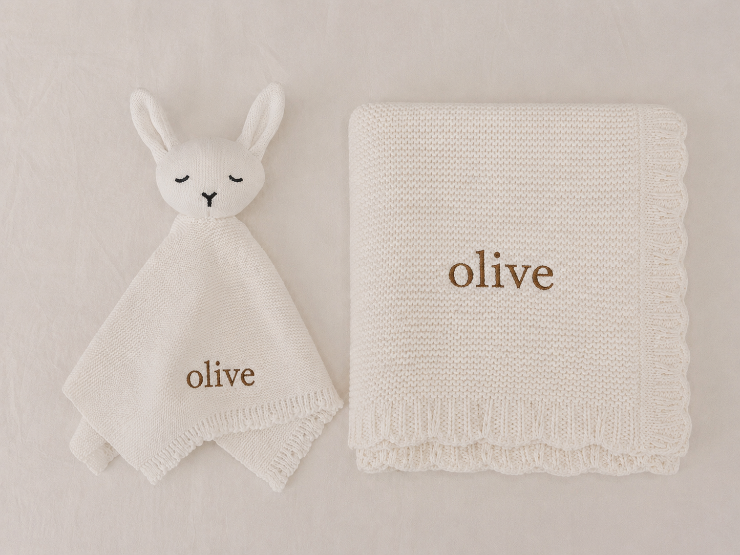 Personalised Organic Cotton Bunny Comforter & Scalloped Blanket Gift Set-Ivory