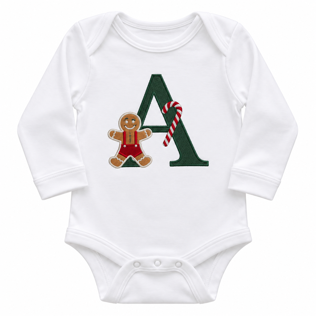 White personalised Christmas baby bodysuit with forest green embroidered B initial, gingerbread man and candy cane on white background