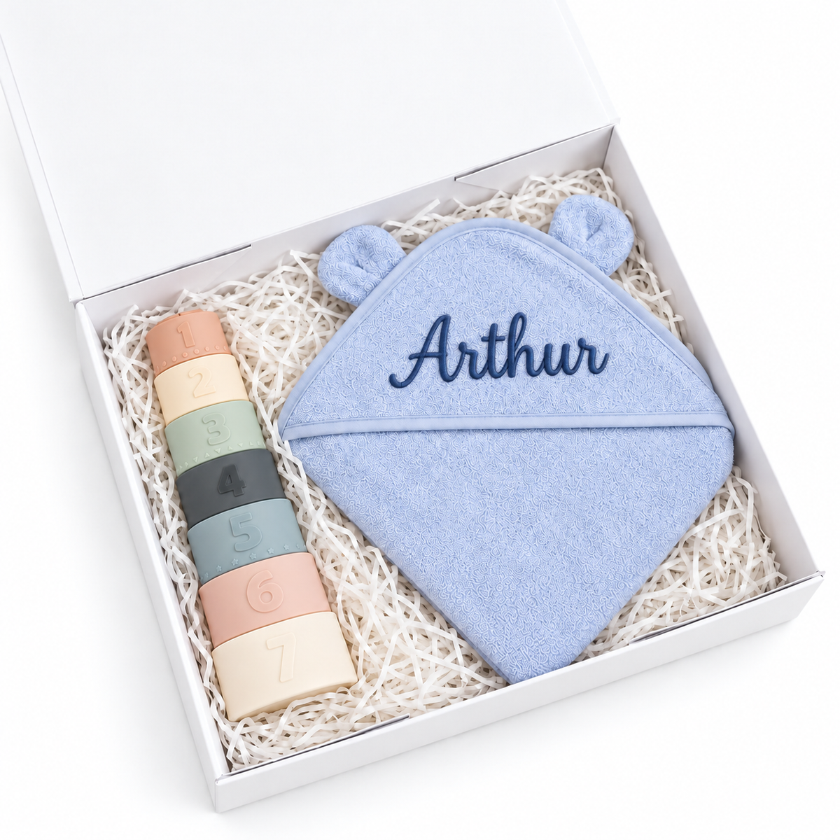 Personalised Baby Gift Box – Hooded Towel & Stacking Cups