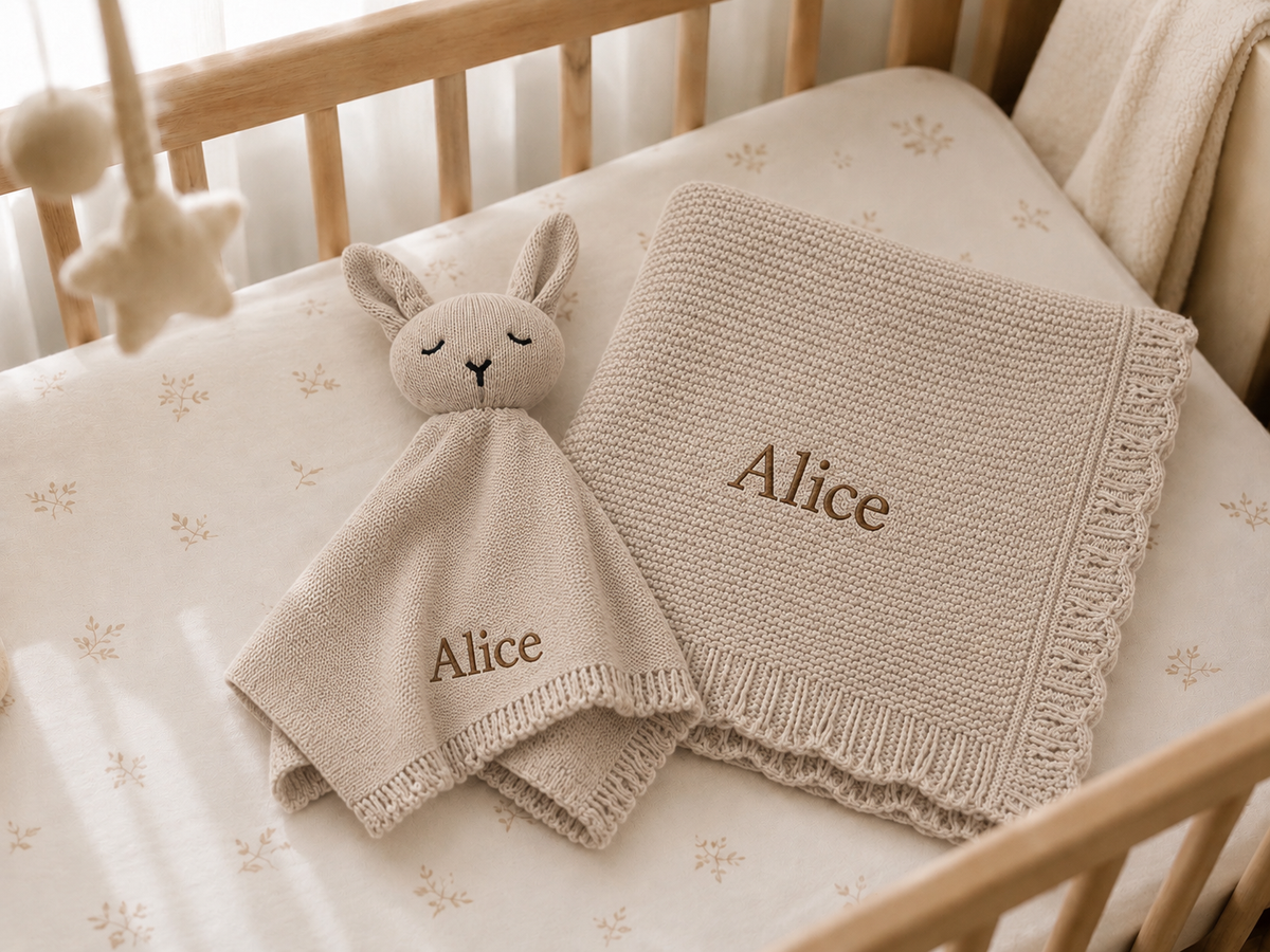Personalised Organic Cotton Bunny Comforter & Scalloped Blanket Gift Set-Oatmeal