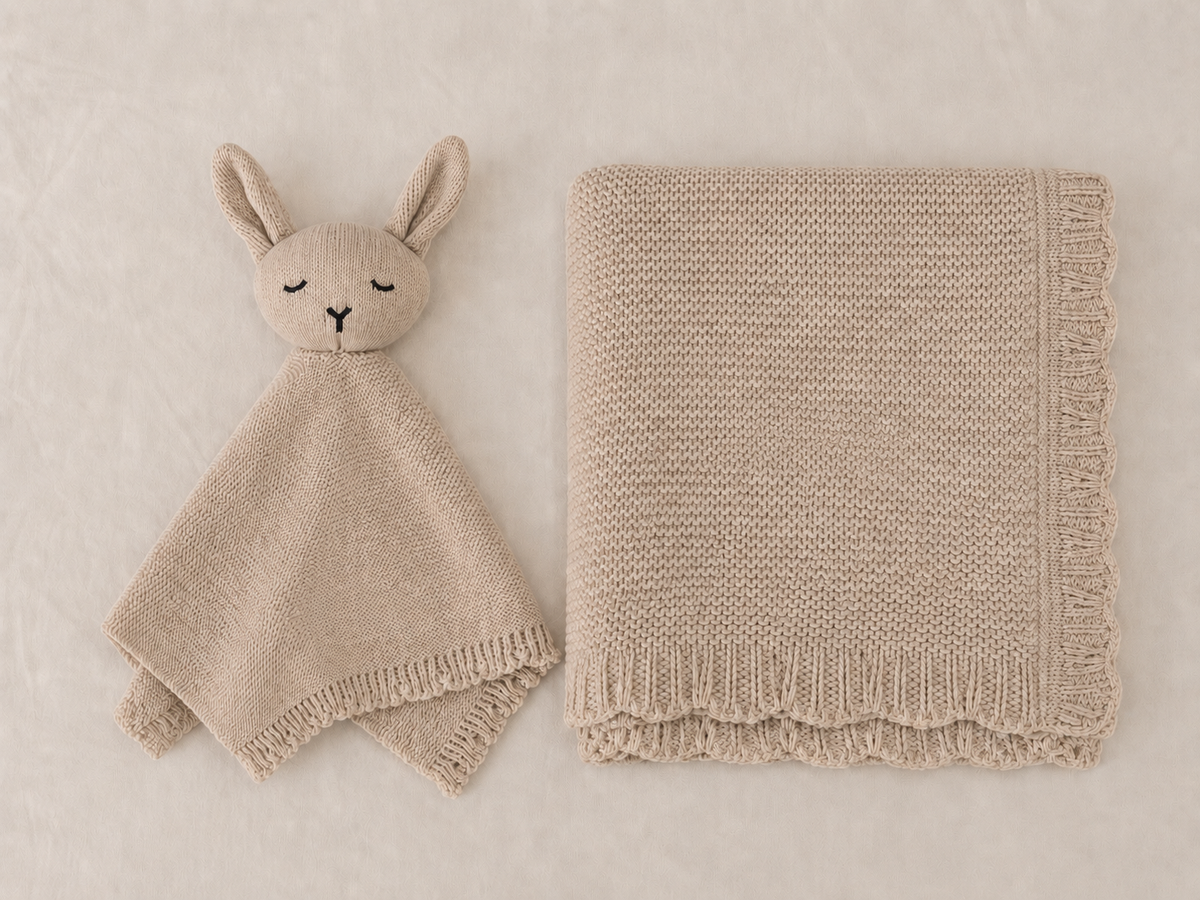 Personalised Organic Cotton Bunny Comforter & Scalloped Blanket Gift Set-Oatmeal