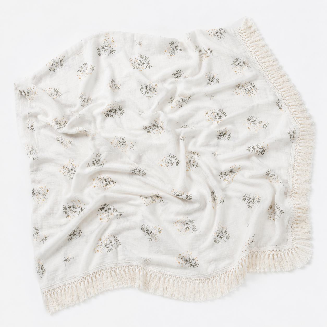 Wildflower Muslin Baby Blanket with Tassel Fringe | 120 × 120 cm
